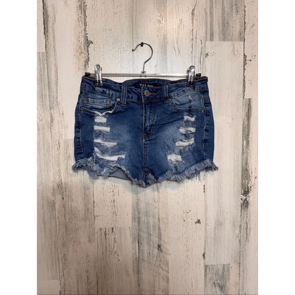 Wax Jean Denim Distressed Cutoff Shorts Women’s Size Small Blue Frayed Hem Stret